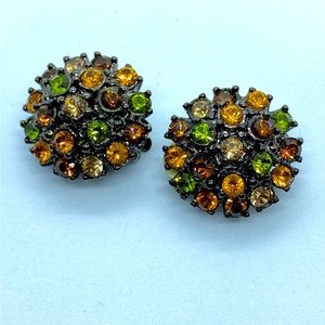 Vintage Joan Rivers Autumn Green Orange Yellow Set in Black Clip Earrings